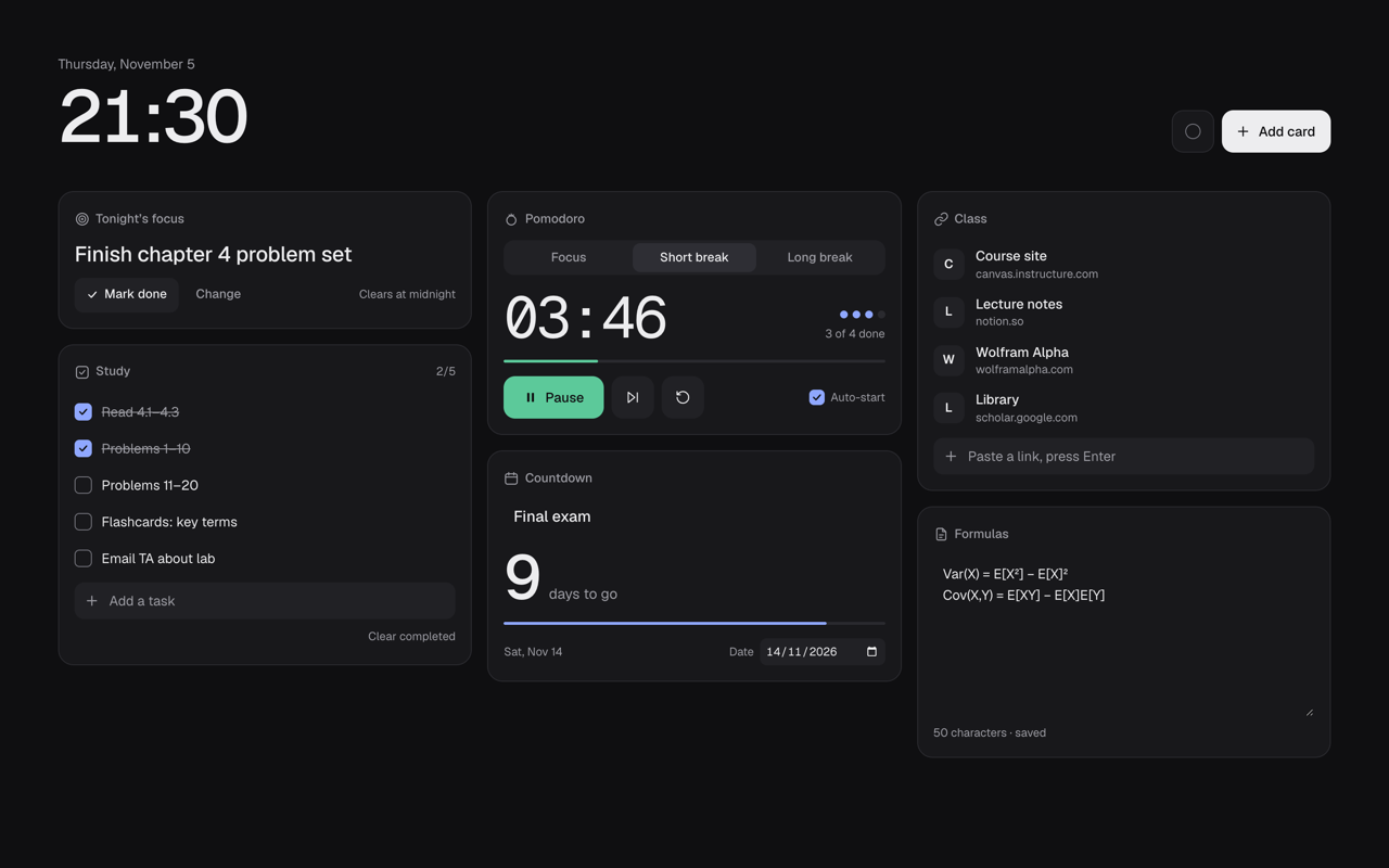 hibi new tab showing focus, checklist, Pomodoro, notes, links and countdown cards