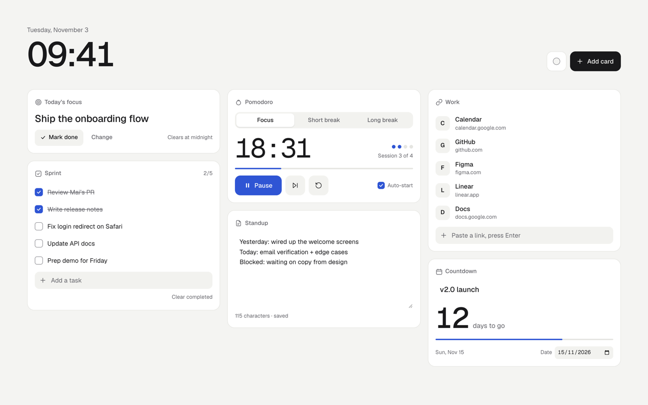 hibi new tab showing focus, checklist, Pomodoro, notes, links and countdown cards